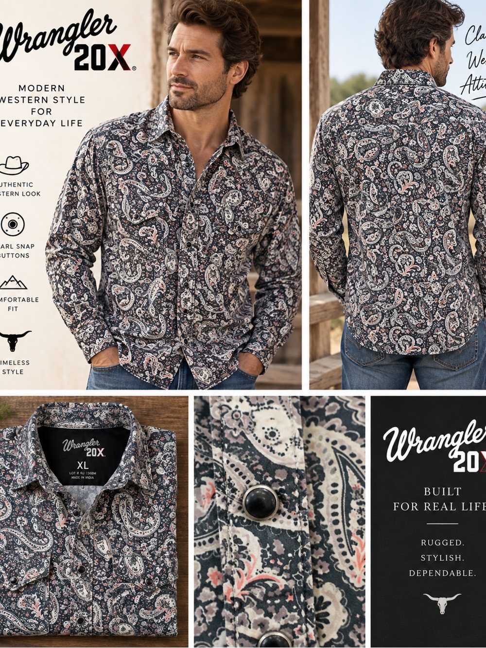 Wrangler Men's Black Paisley Western Dress Shirt with Pink Accents